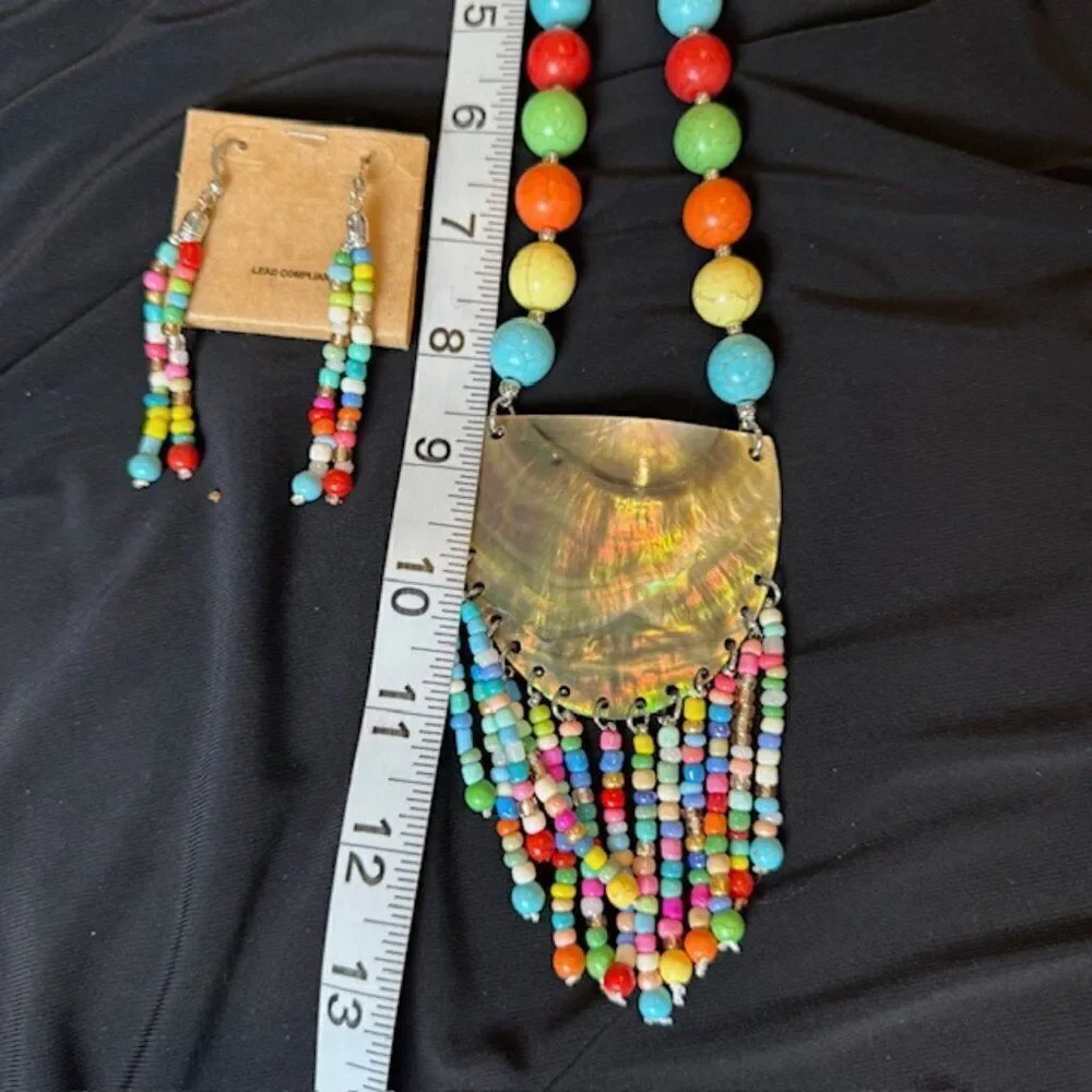 NWT Multicolor‎ Mother of Pearl See Bead Tassel Statement Necklace and Earrings